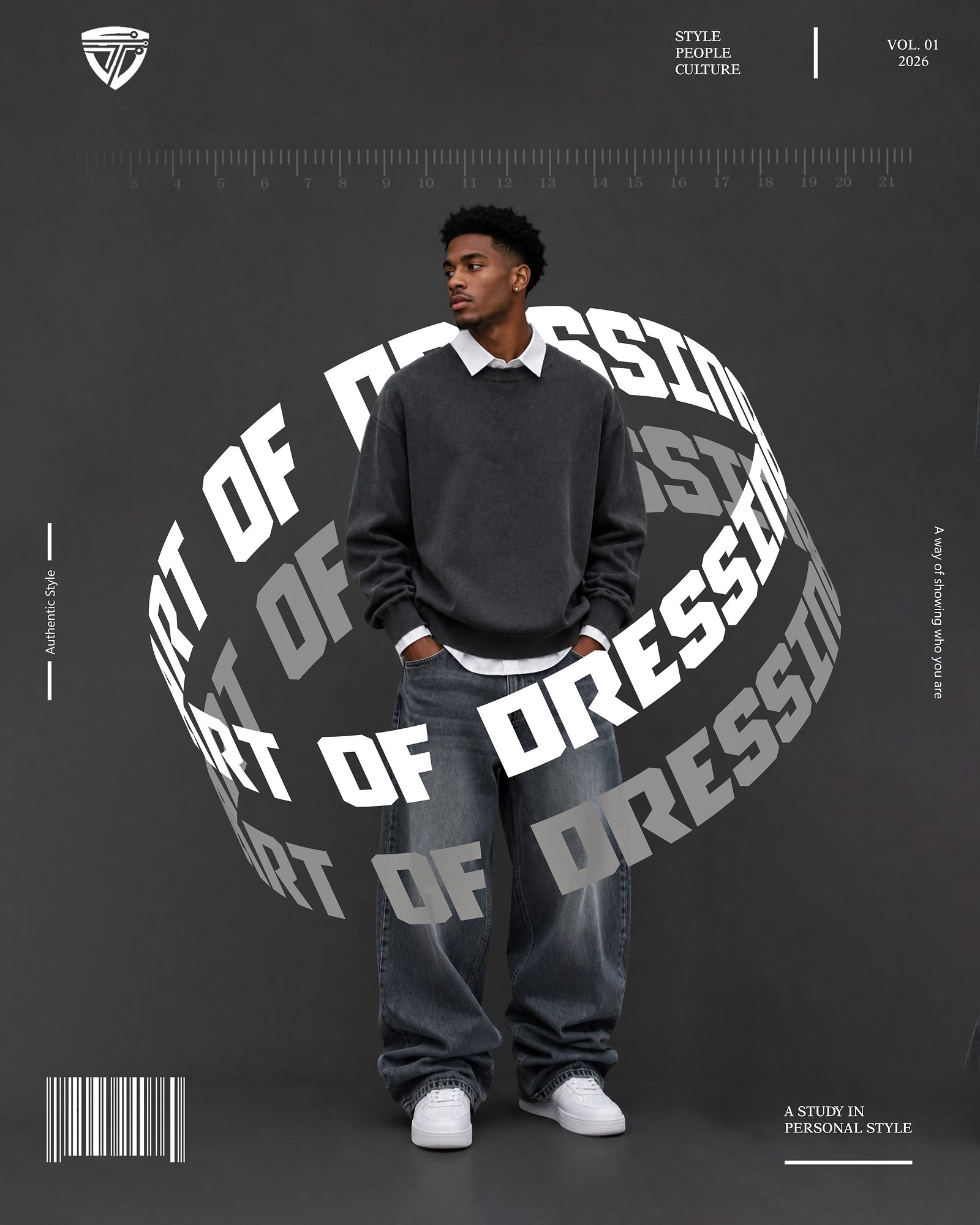 Art of Dressing: an editorial fashion poster with lettering wrapped around a model in a grey sweater and wide-leg jeans